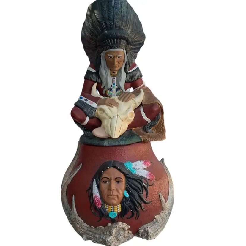 Classic Cowboys And Indians Depiction Of Native Americans In A 2 Piece Pottery Jar With Lid Hand Made And Hand Painted