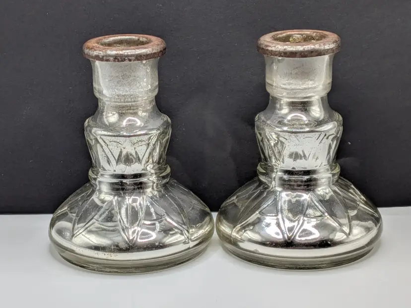 Pair of Antique Lotus Mercury Glass Candlesticks Late 19th/Early 20th Century