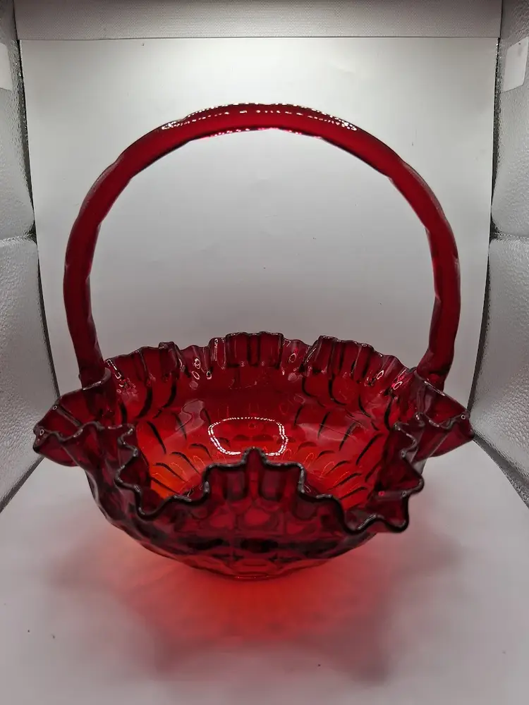 Vintage Fenton Ruby Red/Amberina (Cadmium) Thumbprint, Crimped Edge Glass Basket 8" GLOWS