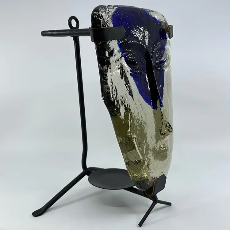 Vintage Gabriel and Rodolfo Jaramillo Attributed Modernist Art Glass Face Mask with Stand Wall Mount 11.5H 7W