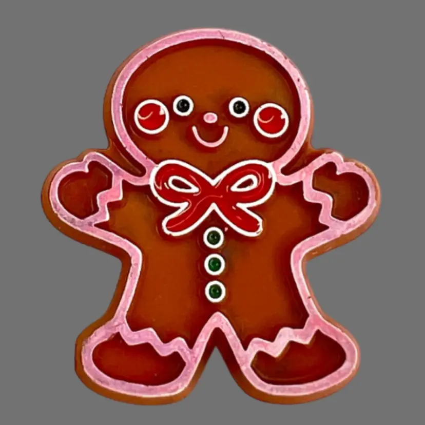 1984 Hallmark Gingerbread Man Plastic Brooch Pin. Pink “Icing”. Embossed 1984 Hallmark Cards, Inc.
