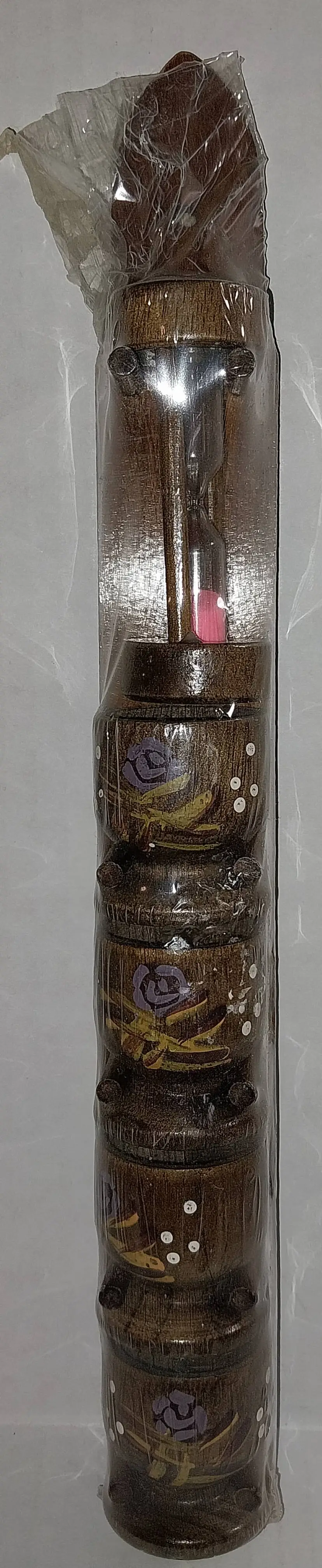 Vintage German NEW OLD STOCK, SEALED, 4 HANDPAINTED WOODEN EGG CUPS WITH PINK SAND TIMER and Wall Hanging Holder