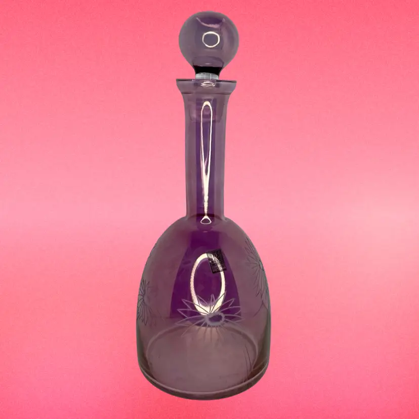 MCM Style Roscher Etched Iridescent Glass Purple Flowers Decanter Romania 12.5”