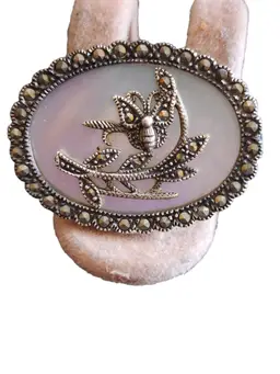 Vintage Sterling Marcasite & Abalone Shell Brooch (A1754)