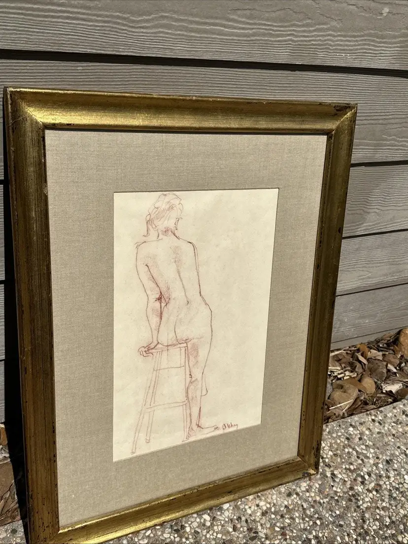 Vintage Nude Figure Sketch - Red Conte, Gold Wood Frame