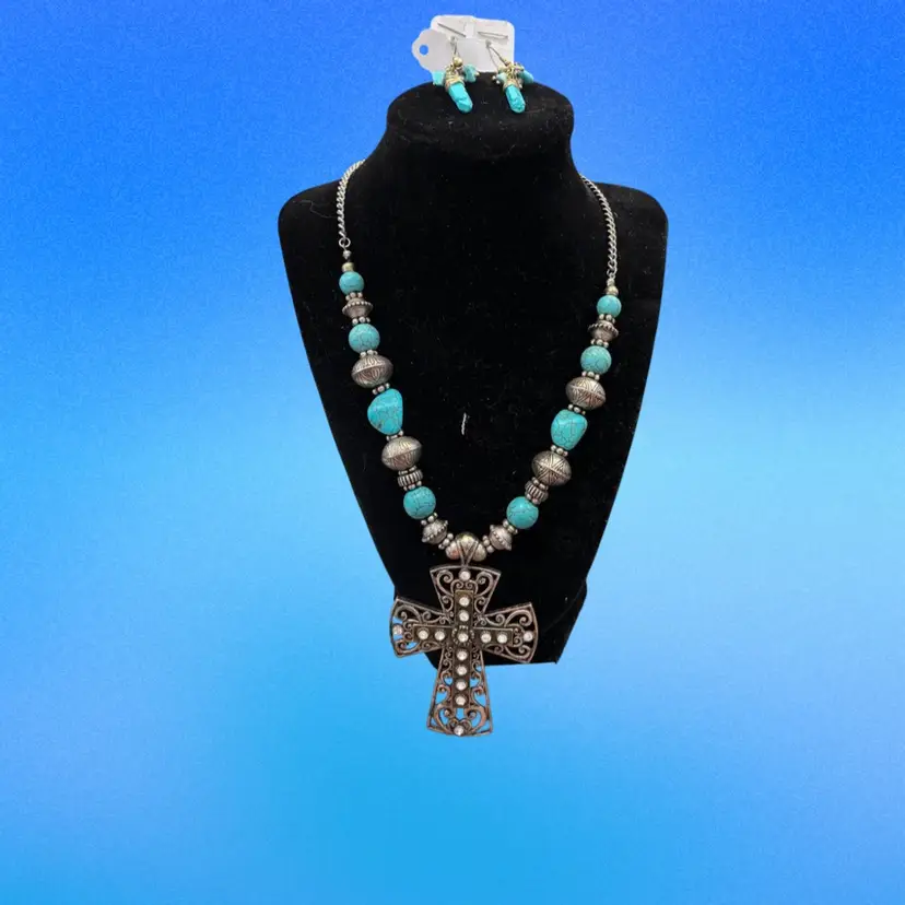 Bold Turquoise Beaded Cross Necklace & Earrings Set