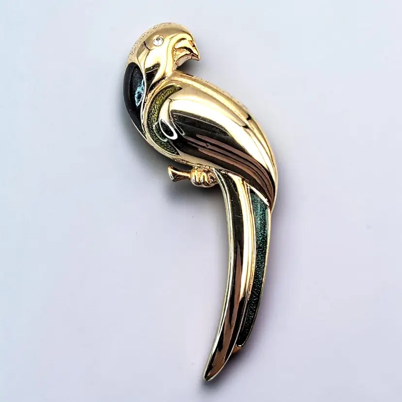 Liz Claiborne Signed LC Gold Tone Parrot Bird Teal Green Enamel Pin Brooch