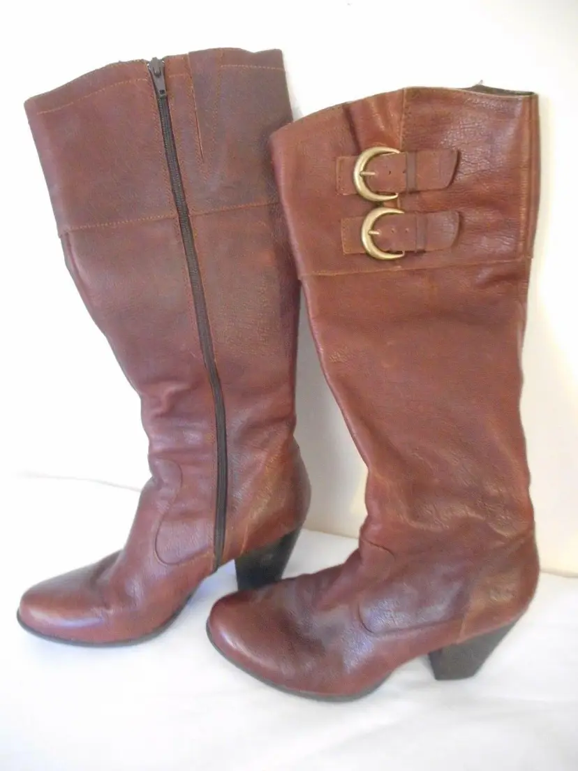 Born of Concept BOC Brown Leather 3.25 inch heel Boot Size 6.5 buckle accents
