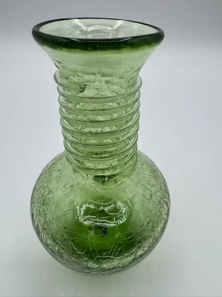 Vintage Lt Green Hand Blown Crackle Art Glass Small Vase