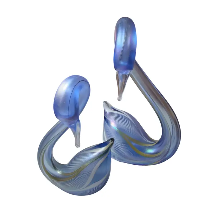 Exquisite Pair Of Stuart Abelman Art Glass Swans - Limited Edition Signed, Dated 1986  & Numbered - 7” & 9” Opalescent & Iridescent Pulled White & Shimmery Gold On Forget-me-not Blue