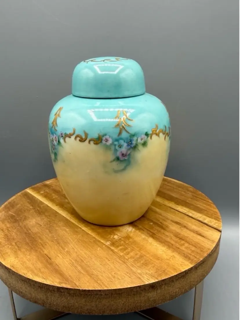 Vintage Hand-Painted Ginger Jar Signed Nita Harris 1950 - Turquoise & Gold Lidded Urn 5”x 3”