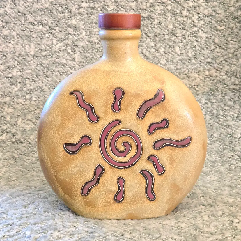 MARA Sunburst Stoneware Decanter with very Loose Cork Stopper 20oz Signed MARA