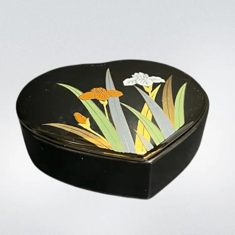 Vintage Otagiri Heart Shaped Floral Black Trinket Box, Japan ~1.5” x 3.75” x 4”