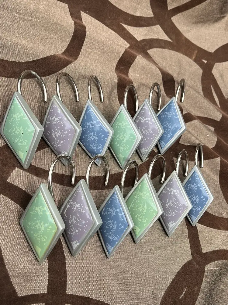 1980s Geometric Shower Curtain Hooks Green Purple & Blue Triangles 