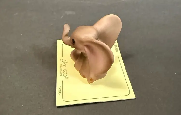 George Good Vintage Baby Elephant Mini Figurine On Card Trunk Up Large Ears