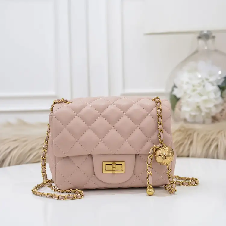 Quilted Pink HandBag w/Ball Chain - Leather