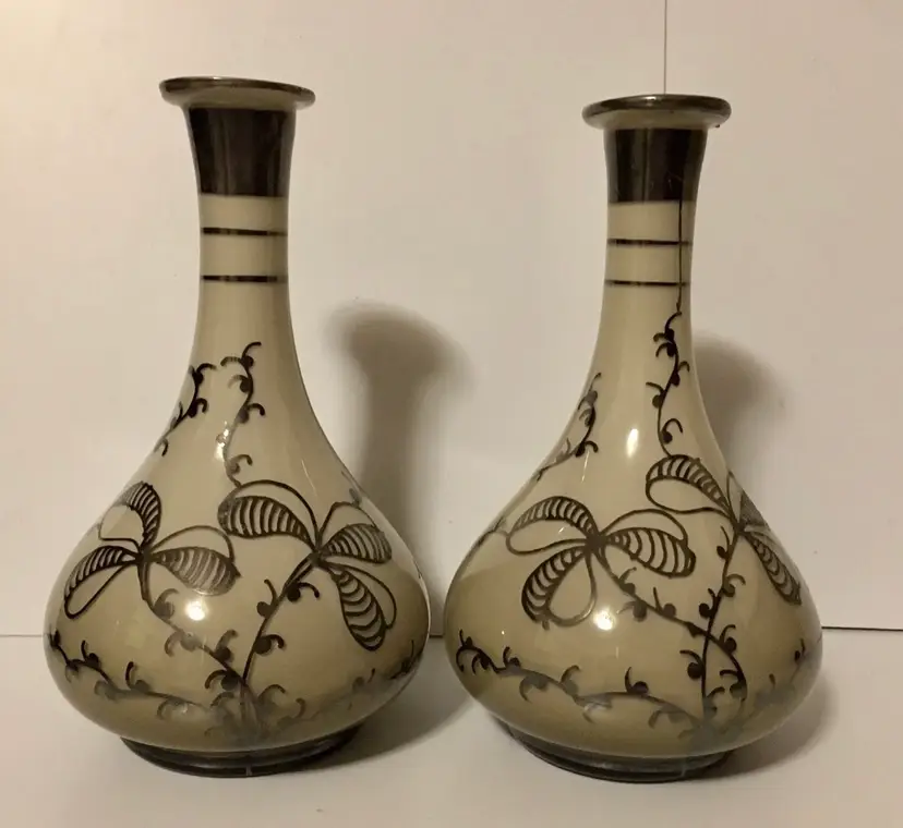 Pair (2) of Antique Czech Bohemian Art Nouveau Cased Hand Blown Glass Vases 6”