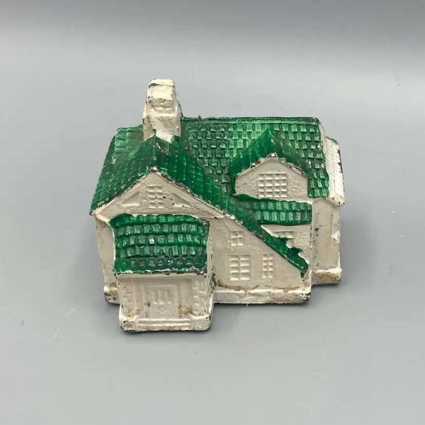 Vintage Miniature Cast Iron House with Green Roof