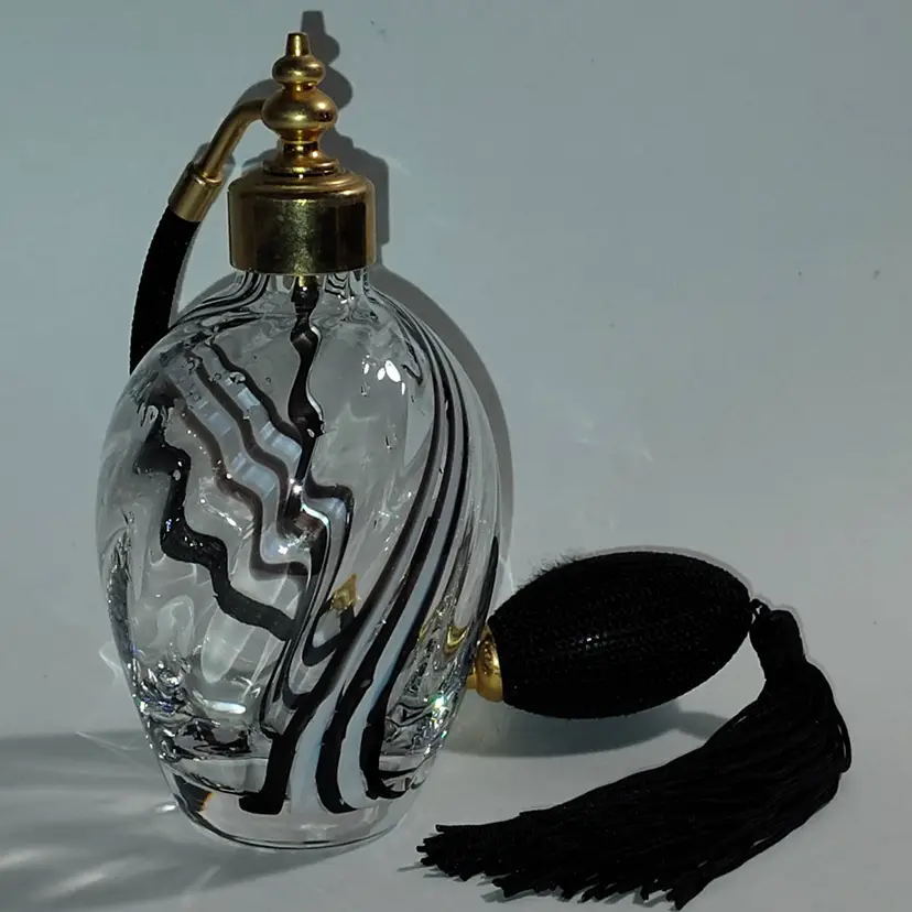 Vintage Black & White Swirl Glass Perfume Bottle Atomizer by Caithness, Scotland
