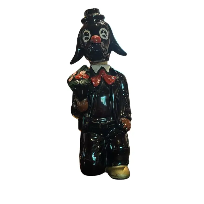 “Be My Valentine?” 1950s Japanese Redware Black Dog With Bouquet Figurine Decanter - MCM Barware