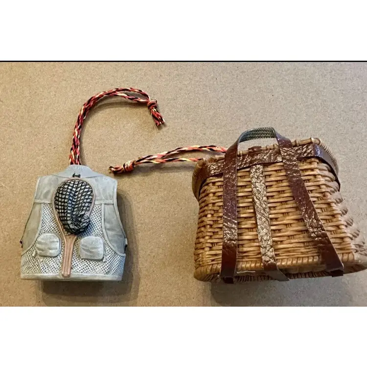 Vintage Outside Inside Resin FISHING VEST & Basket Kreel Christmas Ornaments