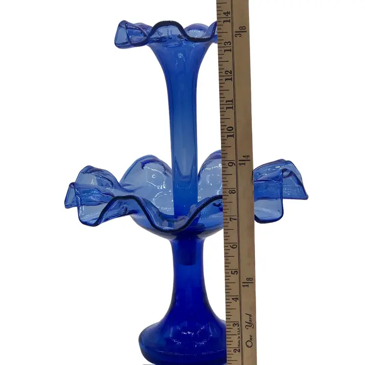 Vintage Art Glass Cobalt Blue Single Horn Epergne Centerpiece