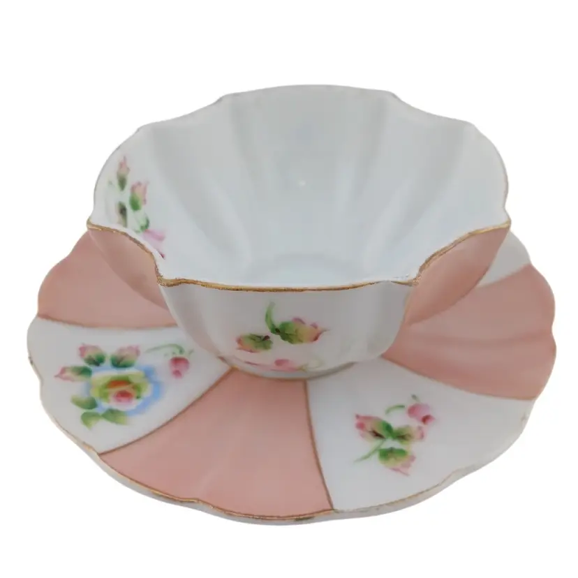 Vintage Ucagco Teacup and Saucer Peach and White Colored with Gold Trim Teacup is Octogonal Shape