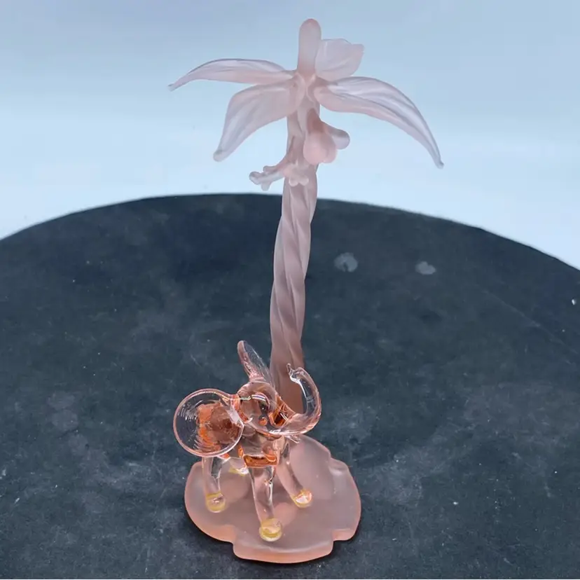 #1455 Pink lampwork glass elephant with palm tree sculpture Lauscha Germany