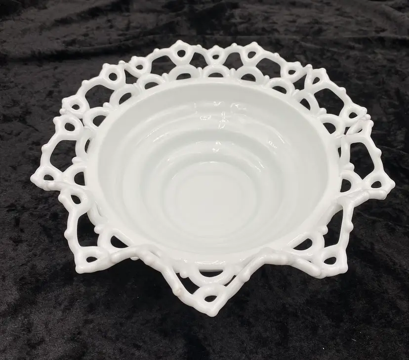 Antique Atterbury & Co. Milk Glass Bowl, Crimped "Dancing Sailors" Pattern