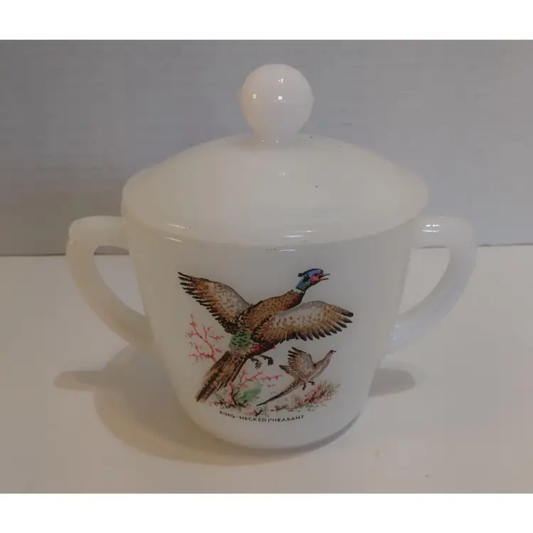 Vintage Milk Glass Fire King Ring Necked Pheasant Sugar Bowl w Lid.
