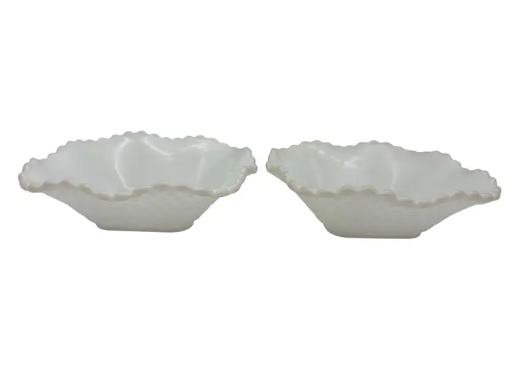 Pair English Hobnail Milk Glass Bowls 6 Inch Quilted Pattern White Vintage Glassware Set of 2