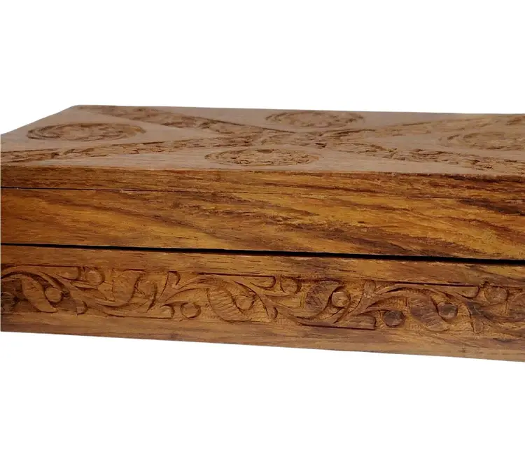 Hand Carved Wooden Box Flowers Trinket Jewelry Blue Velvet Fabric Lined 8" x 6"