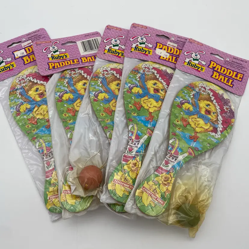 TootsieToy Lot of 5 Chick in the Spring Rain Ruby's Paddle Ball Toys - 1996 NOS
