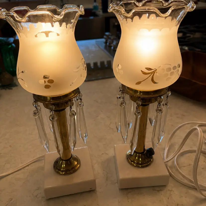 Vintage Brass and Faux Marble Hurricane Boudoir Lamps with Crystal Prisms Pair