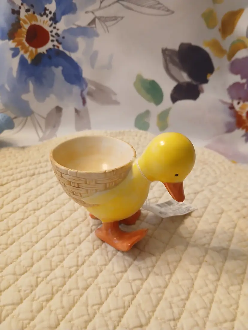 NWT RUSS Porcelain Duckling Standing With Basket Egg Holder Easter