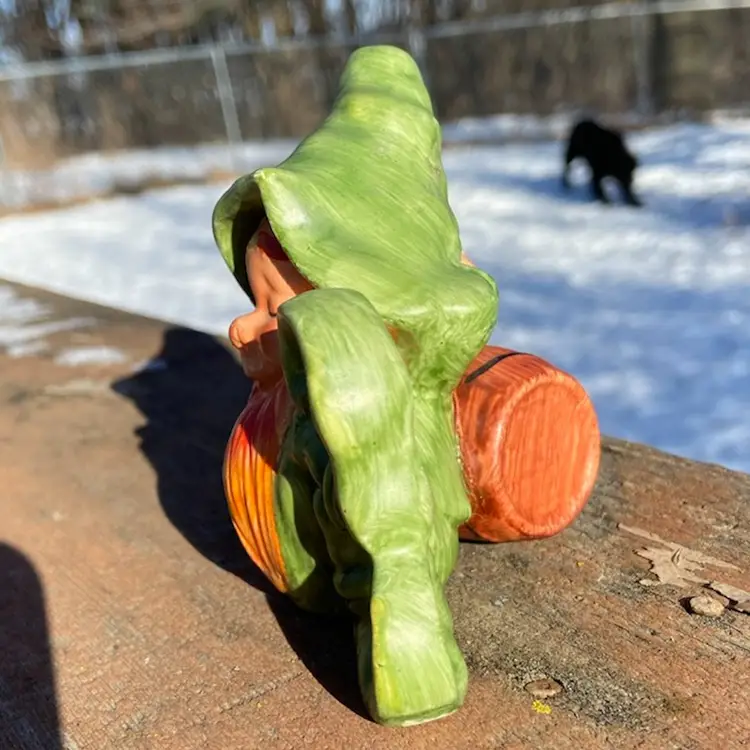 Vintage Lefton Elf / Leprechaun / Gnome Sleeping On Barrel #3522. 3.25”h.