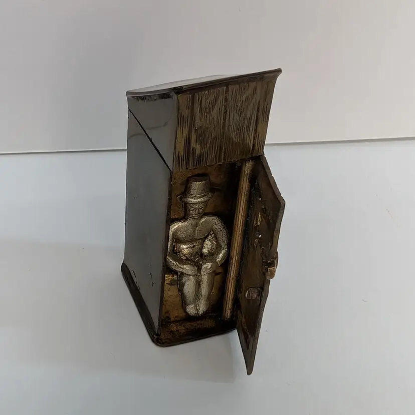 Antique Brass Figural Man in Outhouse Toilet Privy Vesta Match Box Case c1900