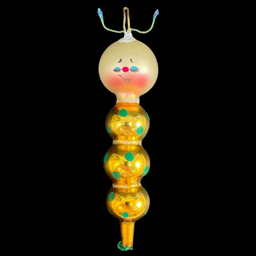 Italian Blown Glass Anthropomorphic Caterpillar Ornament, Possible De Carlini Ornament, Cute Vintage Blown Glass Caterpillar Ornament Made In Italy, Italian Blown Glass Bug Ornament