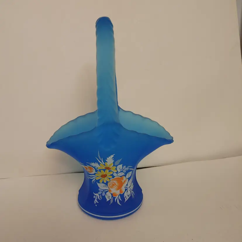 Westmoreland Blue Satin Glass Basket. Floral spray. No chips. 7 inches high.