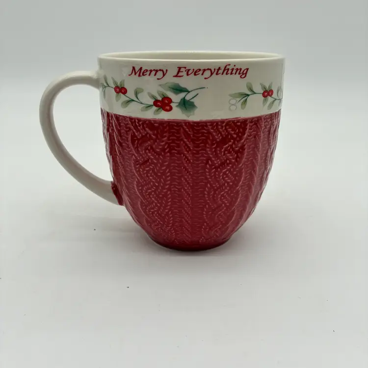 Pfaltzgraff Winterberry Merry Everything Mug Red Cable Knit Christmas Holiday