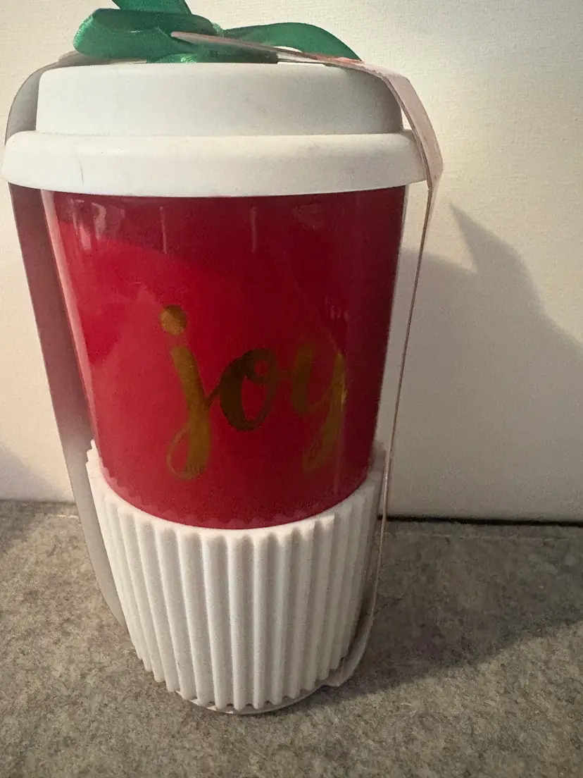Ceramic Christmas Travel Mug with Silicone Sleeve, Quote "Joy" New # 2951