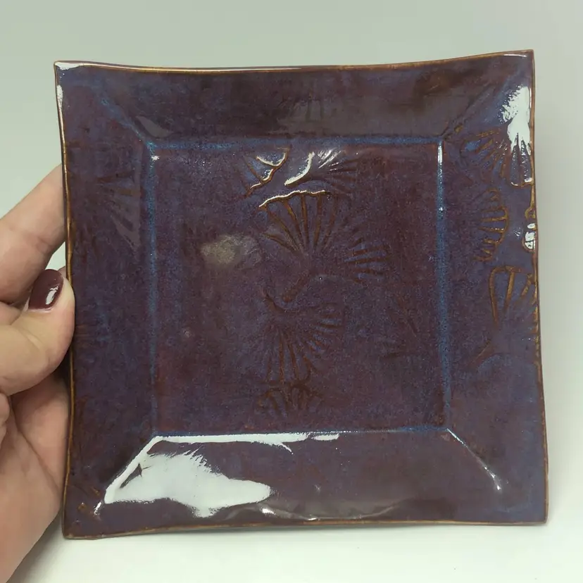 Handmade Slab Pottery Purple Square Trinket Dish Plate Ginkgo Leaf Pattern Signed TP