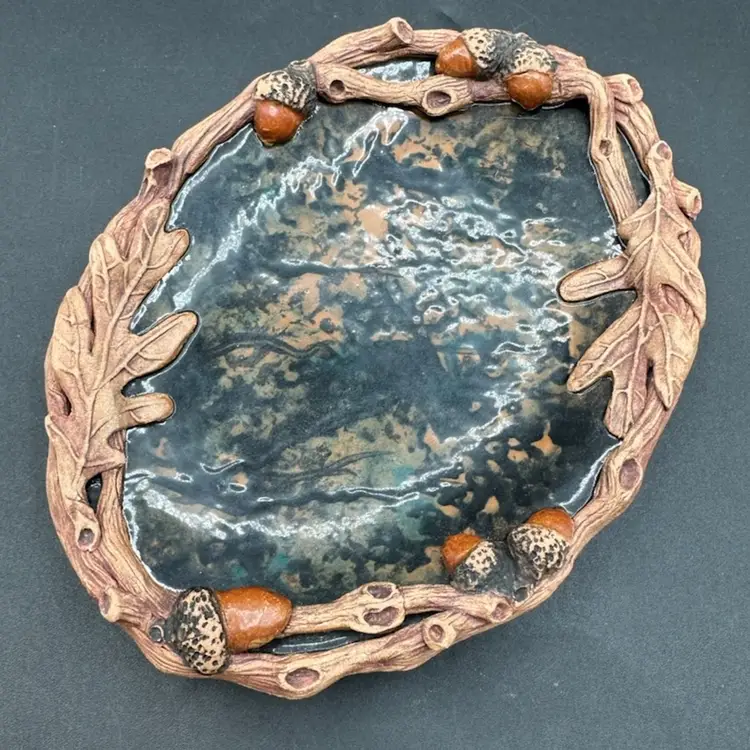 Gorgeous Autumnal Handcrafted Acorn & Branch Glazed Display Dish 8”L 5”W Signed