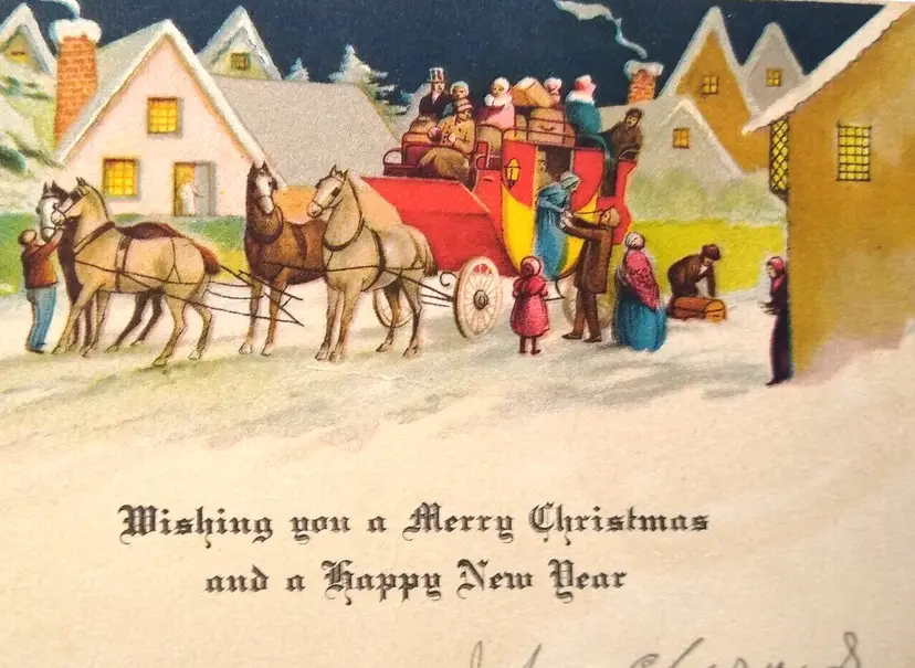 New Years Christmas Early Greeting Card Victorian People In Village Horses Cart