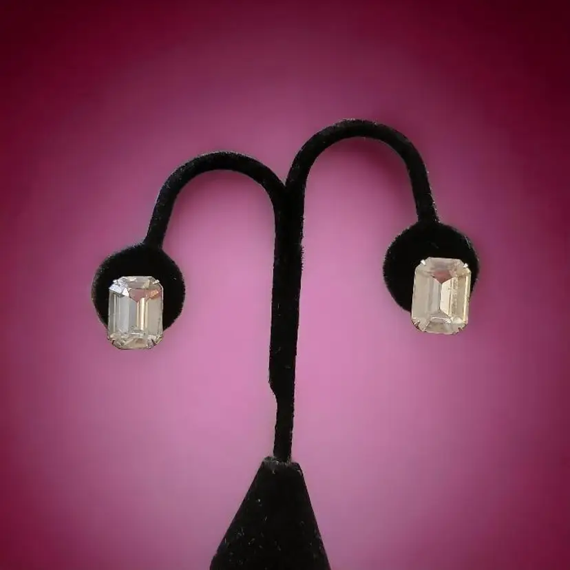Kramer NY Bagette Headlight Earrings Clear Glass Rhinestone Stunning Vintage Screwbacks Large