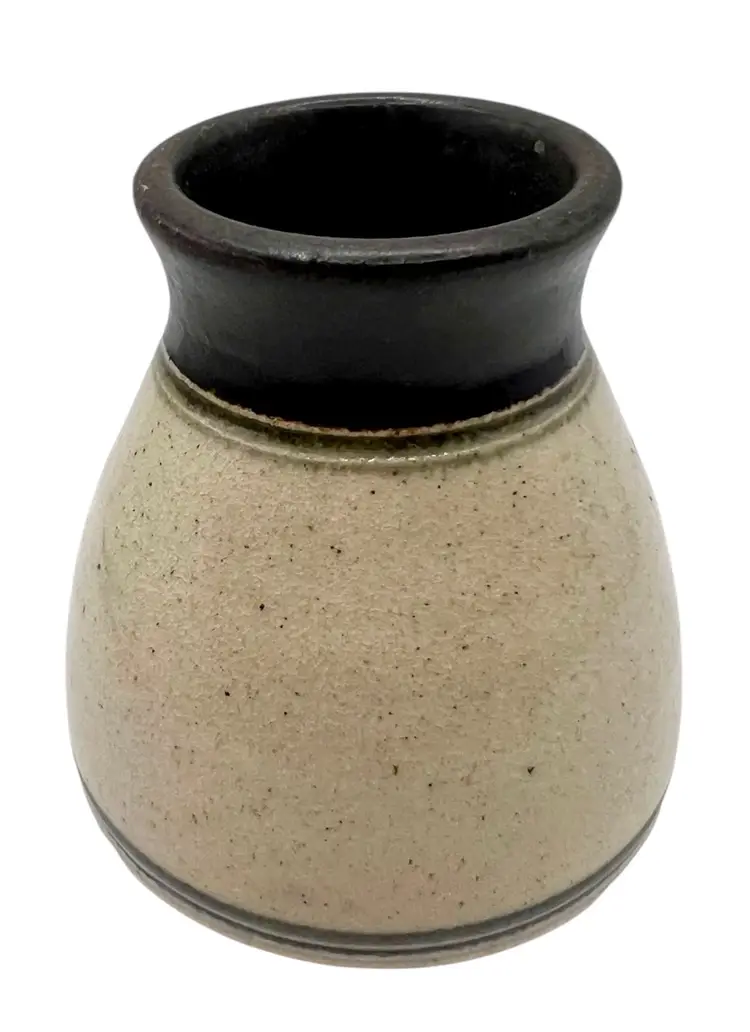 Studio Art Pottery Bud Vase Pot Handmade Brown Beige Floral Dot Design 3.75”