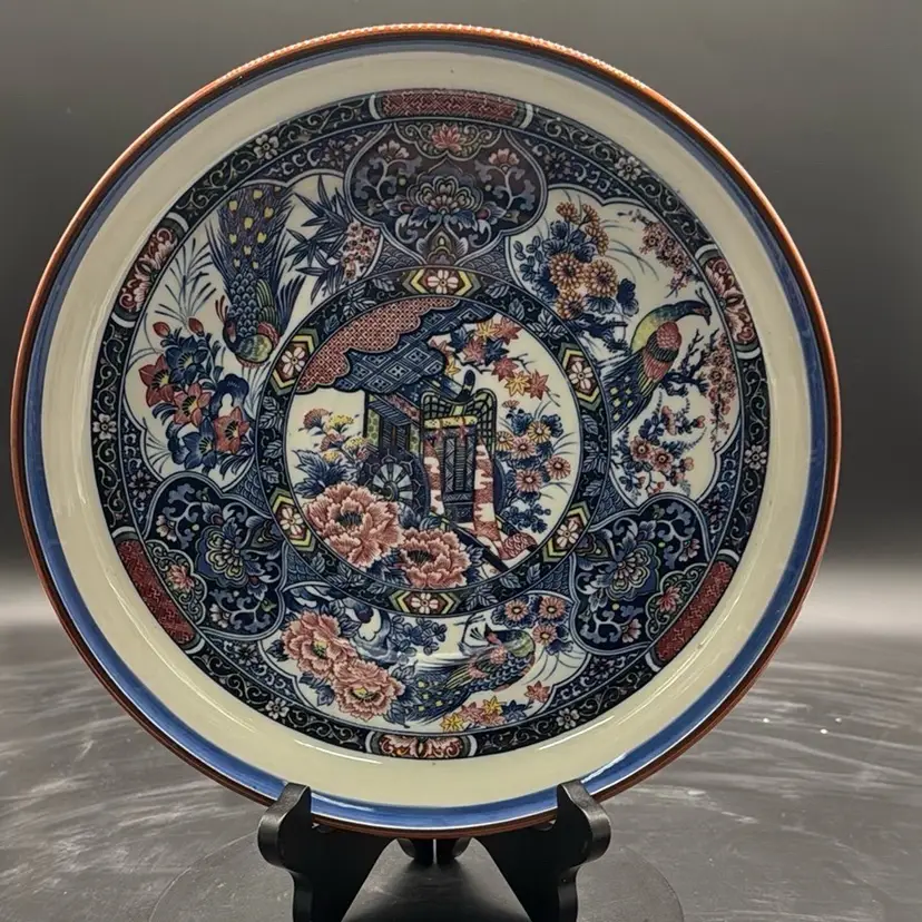 Arita Sadamine Oxcart Wide Shallow Bowl Blue Mauve Floral