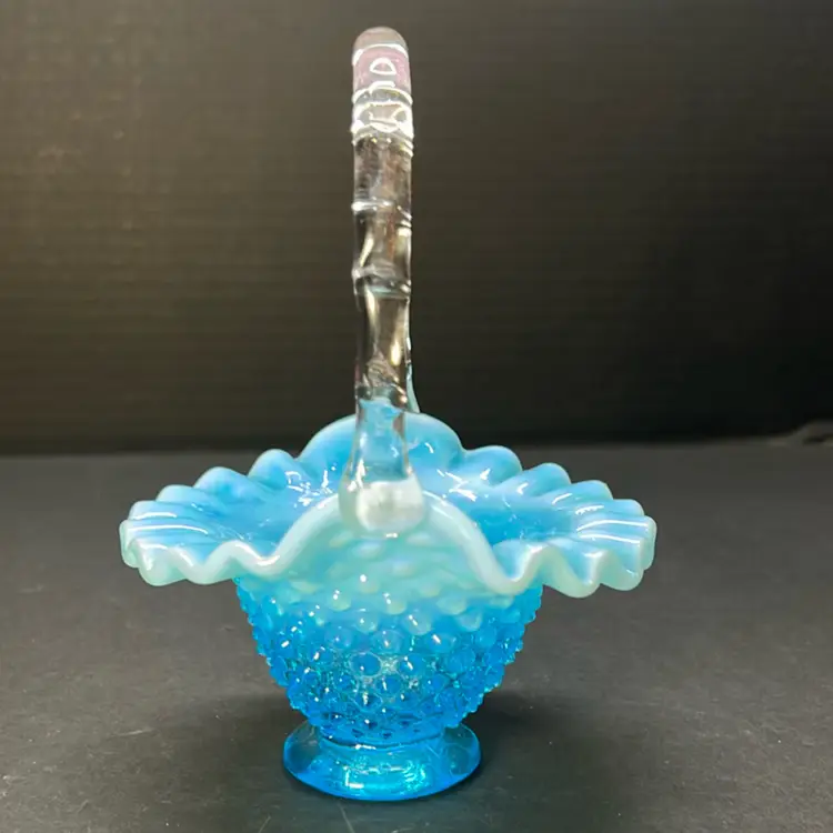 Fenton Small Blue Hobnail Opalescent Ruffled Basket Unmarked