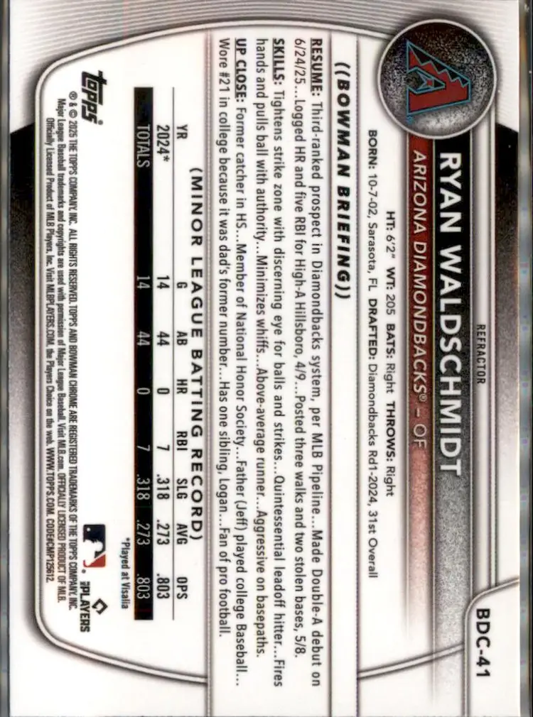 2025 Bowman Draft #BDC-41 Ryan Waldschmidt Chrome Refractor - (138) - Arizona Diamondbacks