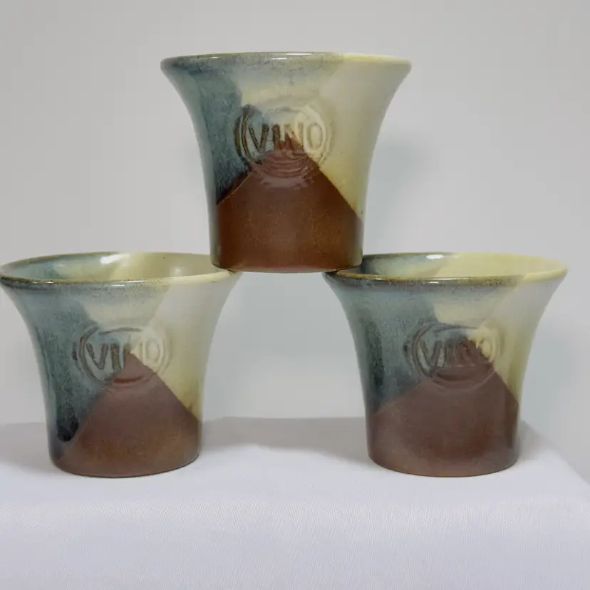#1315 MCM Stoneware by Pottery Craft, Green Brown Tones, Set of 3 Wine Cups, Hand Made, Stoneware Made in USA